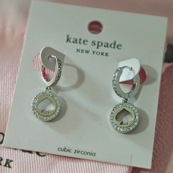 NEW Kate Spade Spot The Spade Pave Huggies Drop Dange Earrings Silver Clear - Picture 7 of 8